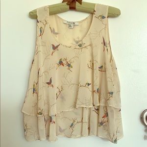 Boho tiered bird and tree print top